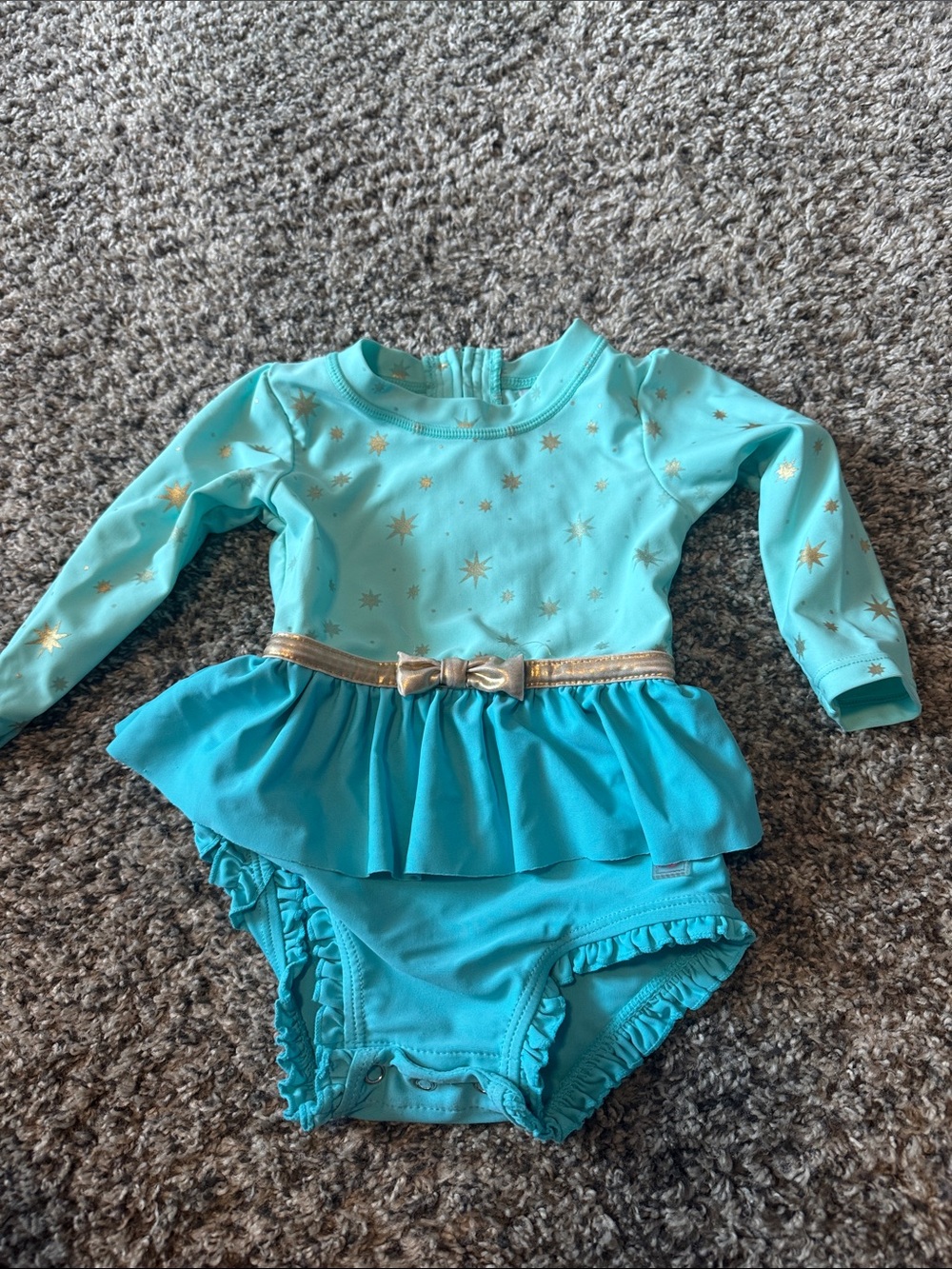 Ruffle Butts Jasmine Princess Turquoise & Gold Star Long sleeve with Peplum